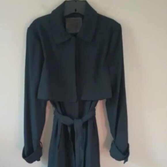 Dawn Levy Size Large Womens Trench Coat Navy Belted Long Sleeve Lined Buttons - Picture 1 of 11